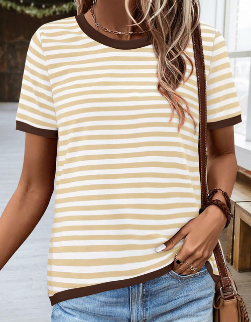 Load image into Gallery viewer, KISSMODA Womens Casual Striped Color Block T Shirt A Khaki Size L
