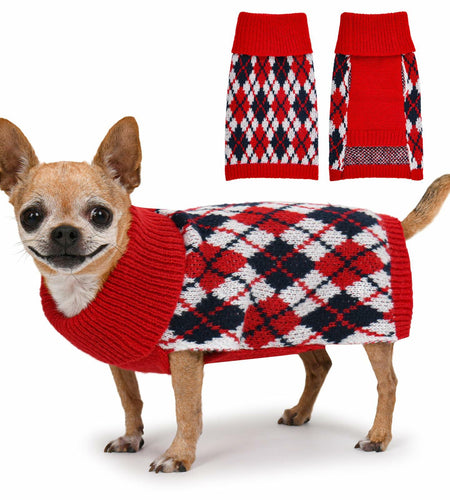 KCFESTIHUE Dog Sweater Plaid Knit Turtleneck Pullover Winter Red Blue S
