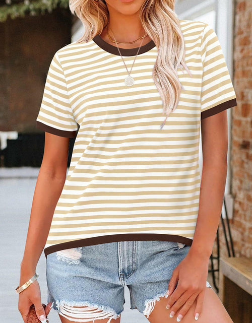 Load image into Gallery viewer, KISSMODA Womens Casual Striped Color Block T Shirt A Khaki Size L

