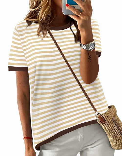 Load image into Gallery viewer, KISSMODA Womens Casual Striped Color Block T Shirt A Khaki Size L
