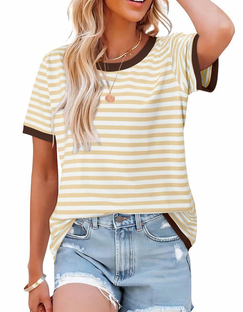 Load image into Gallery viewer, KISSMODA Womens Casual Striped Color Block T Shirt A Khaki Size L
