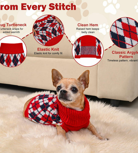 KCFESTIHUE Dog Sweater Plaid Knit Turtleneck Pullover Winter Red Blue S