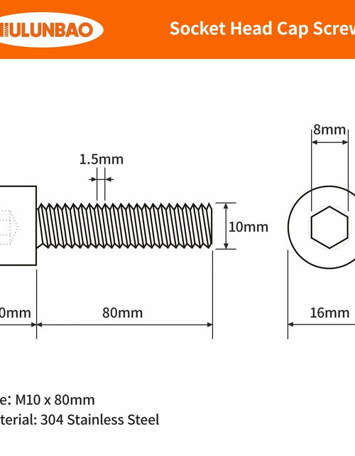 Load image into Gallery viewer, NIULUNBAO M10-1.5x80mm Hex Socket Head Cap Screw 304 Stainless Steel 6PCS Silver
