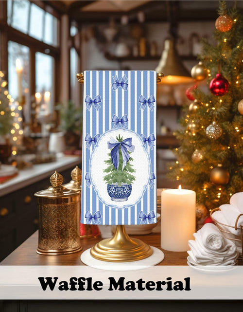 Load image into Gallery viewer, BNHJKFQZ Christmas Kitchen Towels Blue Stripes &amp; Wreath 16x24 Set of 2
