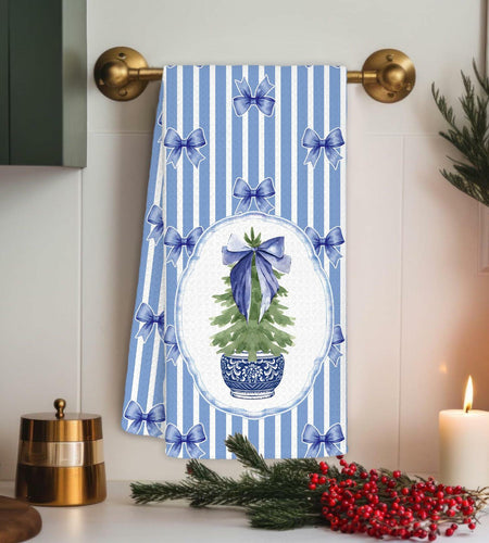 BNHJKFQZ Christmas Kitchen Towels Blue Stripes & Wreath 16x24 Set of 2