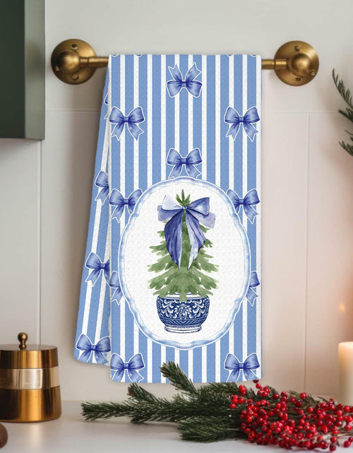 Load image into Gallery viewer, BNHJKFQZ Christmas Kitchen Towels Blue Stripes &amp; Wreath 16x24 Set of 2
