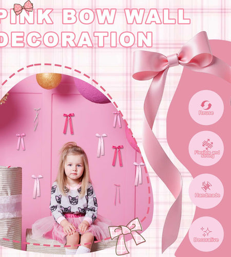 YCZYCZ Pink Satin Bow Wall Decor Garland 24PCS DIY Party Decorations