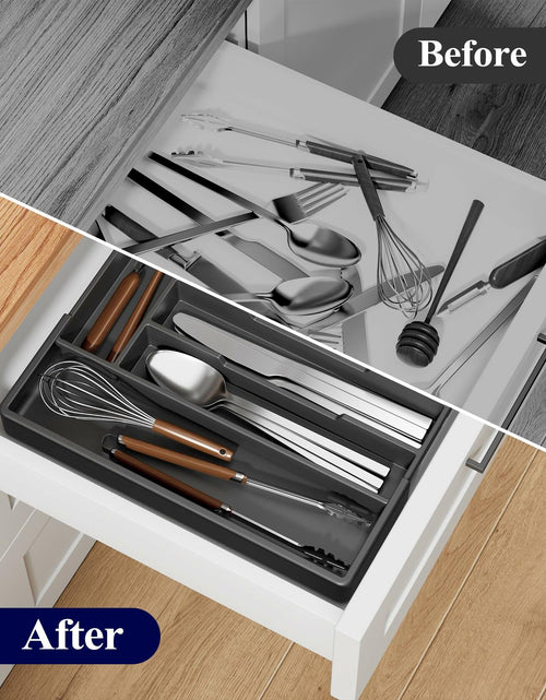 Load image into Gallery viewer, Kitsure Expandable Silverware Drawer Organizer 7Compartments Black 13.2x12.2x1.6
