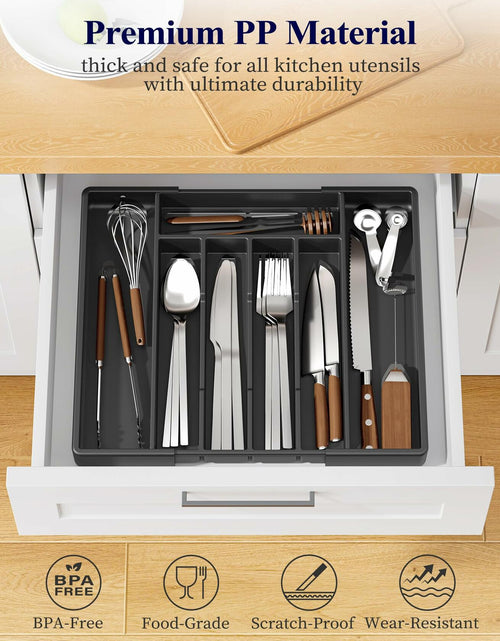 Load image into Gallery viewer, Kitsure Expandable Silverware Drawer Organizer 7Compartments Black 13.2x12.2x1.6
