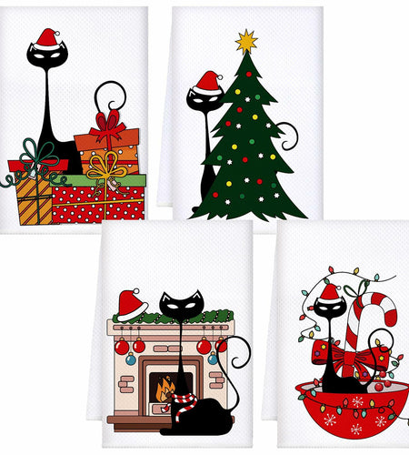 Tudomro Christmas Black Cat Kitchen Towels 16x24 4 Pcs Soft Absorbent