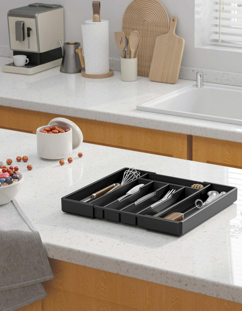 Load image into Gallery viewer, Kitsure Expandable Silverware Drawer Organizer 7Compartments Black 13.2x12.2x1.6
