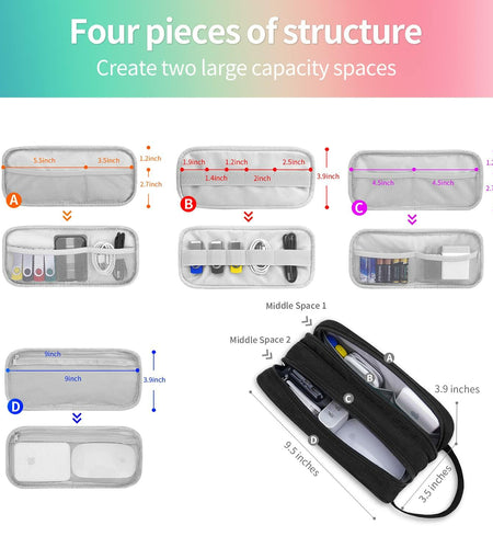 HESTECH Electronic Organizer Travel Cable Case Double Layer Medium Black 9x4x3.5