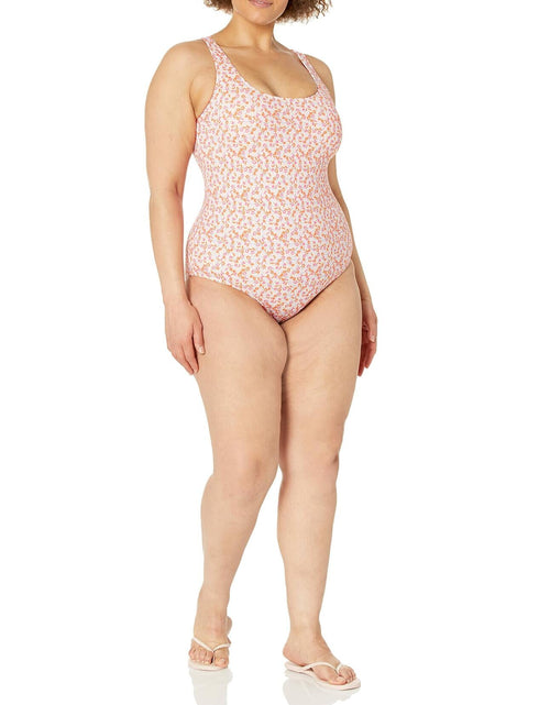 Load image into Gallery viewer, Amazon Essentials Women's One-Piece Coverage Swimsuit Pale Peach Micro Floral L
