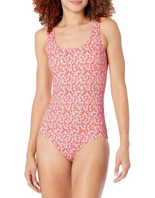 Load image into Gallery viewer, Amazon Essentials Women's One-Piece Coverage Swimsuit Pale Peach Micro Floral L
