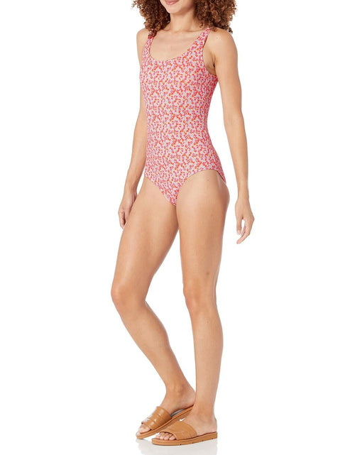 Load image into Gallery viewer, Amazon Essentials Women's One-Piece Coverage Swimsuit Pale Peach Micro Floral L
