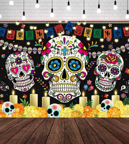 AIBIIN Day of The Dead Backdrop 7x5ft Red Black Mexican Sugar Skull