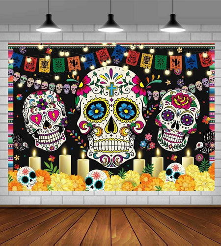 AIBIIN Day of The Dead Backdrop 7x5ft Red Black Mexican Sugar Skull