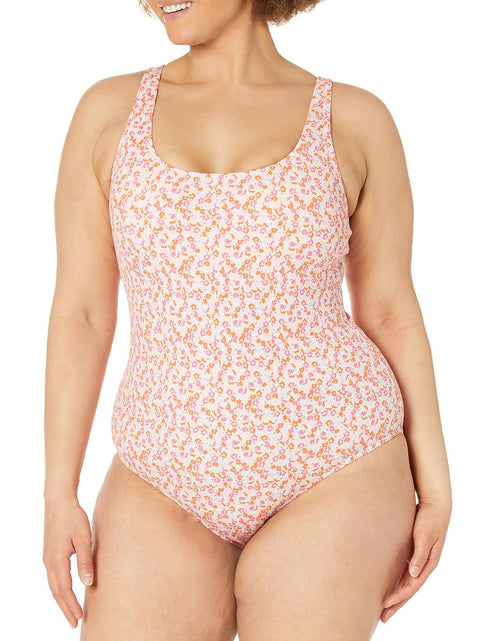 Load image into Gallery viewer, Amazon Essentials Women's One-Piece Coverage Swimsuit Pale Peach Micro Floral L
