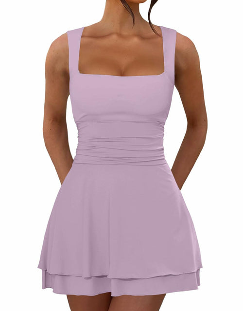 Load image into Gallery viewer, OKIFOIR Women's Ruffle Hem Mini Dress Square Neck Sleeveless Light Purple Size M
