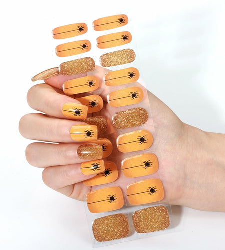 HBGAYLYH Halloween Semi Cured Gel Nail Stickers Orange Spider 20 Pieces