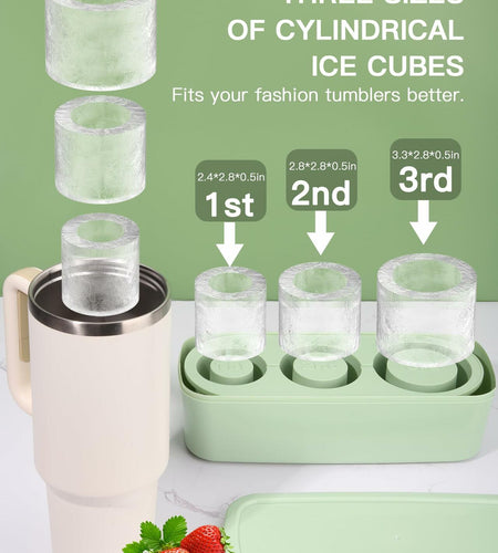 Ukulork Silicone Ice Cube Tray 3 Pcs Green Cylinder Mold 40Oz with Lid