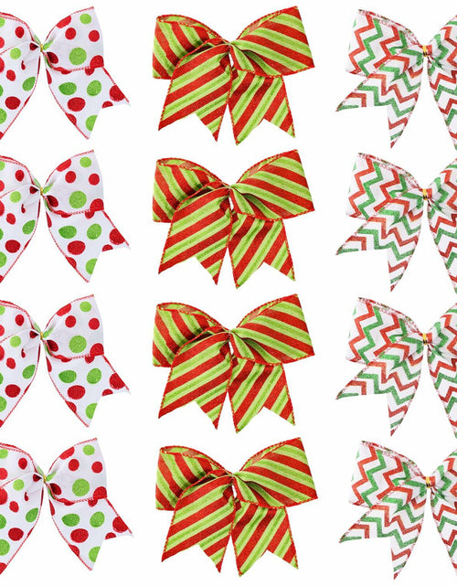 Load image into Gallery viewer, PEMIDA 12 Pcs Wave Stripe Christmas Bows 5 Inch Red Green Dots
