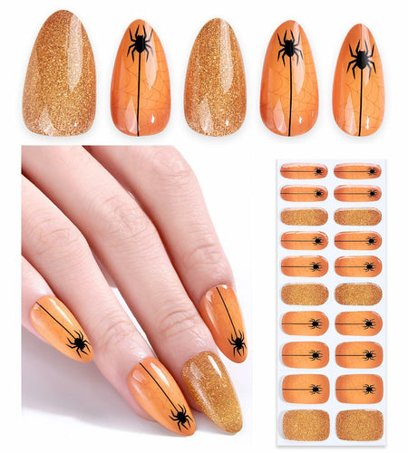 HBGAYLYH Halloween Semi Cured Gel Nail Stickers Orange Spider 20 Pieces
