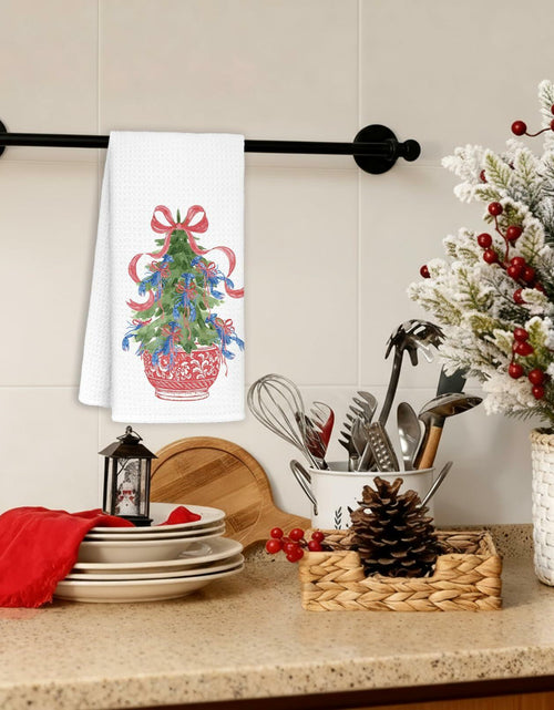 Load image into Gallery viewer, KRHFG Christmas Chinoiserie Kitchen Towels Red Blue 16x24 Inches
