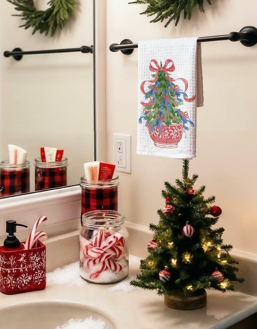 Load image into Gallery viewer, KRHFG Christmas Chinoiserie Kitchen Towels Red Blue 16x24 Inches
