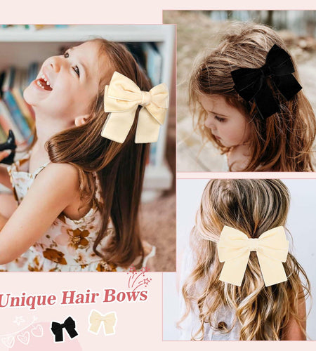 Aileam 2PCS Velvet Hair Bows Ribbon Clips Black Beige Alligator Clips