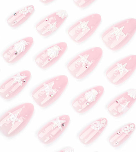 HPYFOI Beach Press On Nails Medium Almond 3D Starfish Shell Design 24 Pcs