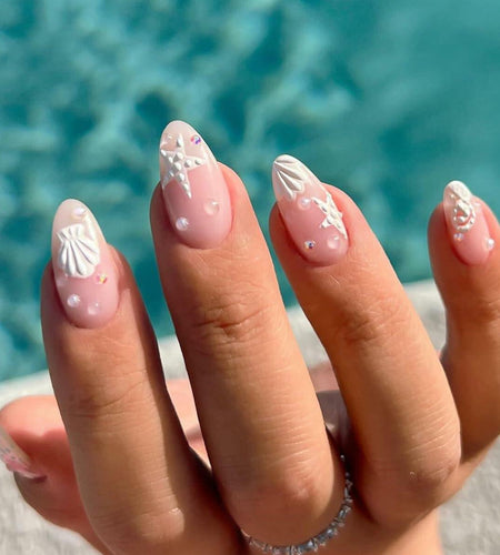 HPYFOI Beach Press On Nails Medium Almond 3D Starfish Shell Design 24 Pcs