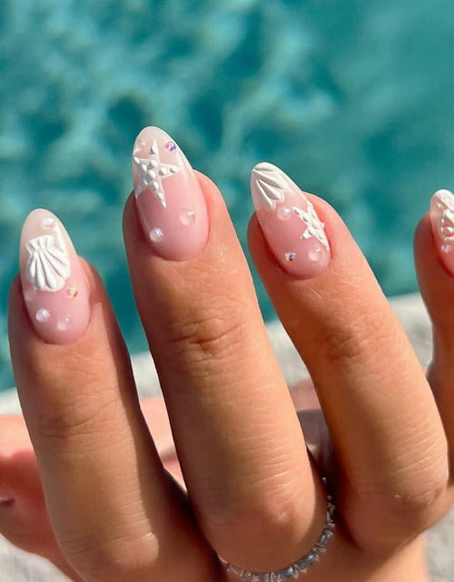 Load image into Gallery viewer, HPYFOI Beach Press On Nails Medium Almond 3D Starfish Shell Design 24 Pcs
