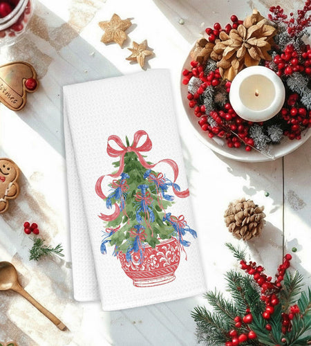 KRHFG Christmas Chinoiserie Kitchen Towels Red Blue 16x24 Inches