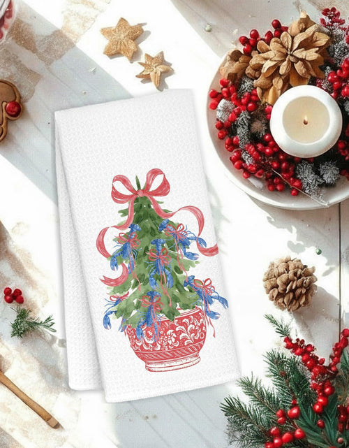 Load image into Gallery viewer, KRHFG Christmas Chinoiserie Kitchen Towels Red Blue 16x24 Inches
