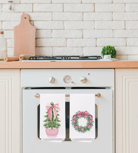 SPBL&L Chinoiserie Christmas Kitchen Towels Pink Bow Tree 16x24 Set of 2