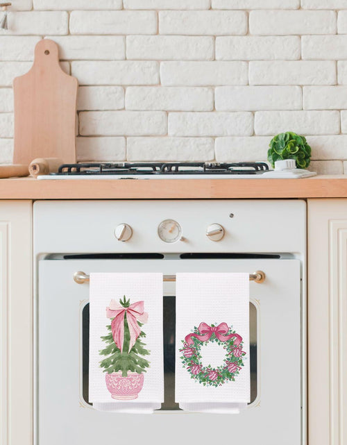 Load image into Gallery viewer, SPBL&amp;L Chinoiserie Christmas Kitchen Towels Pink Bow Tree 16x24 Set of 2
