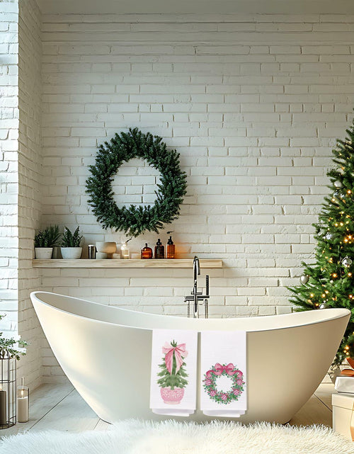 Load image into Gallery viewer, SPBL&amp;L Chinoiserie Christmas Kitchen Towels Pink Bow Tree 16x24 Set of 2

