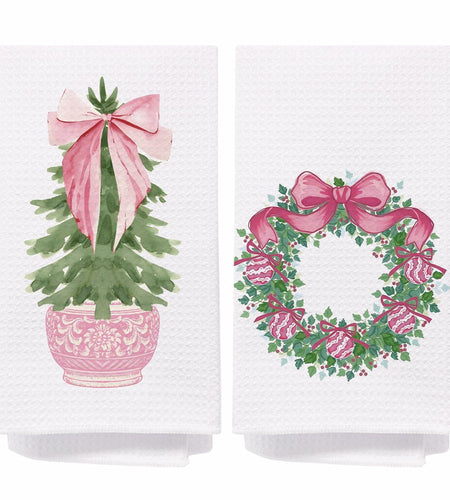 SPBL&L Chinoiserie Christmas Kitchen Towels Pink Bow Tree 16x24 Set of 2