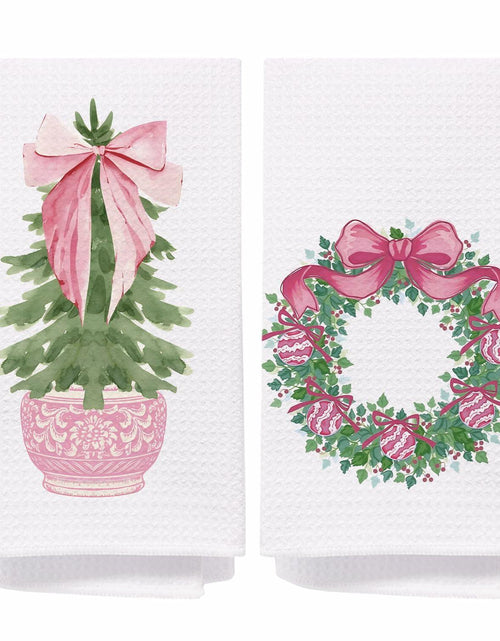 Load image into Gallery viewer, SPBL&amp;L Chinoiserie Christmas Kitchen Towels Pink Bow Tree 16x24 Set of 2
