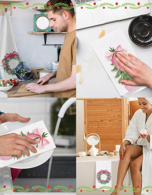Load image into Gallery viewer, SPBL&amp;L Chinoiserie Christmas Kitchen Towels Pink Bow Tree 16x24 Set of 2
