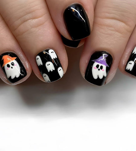 YEFIUO Halloween Press On Nails 24 Pcs Short Square Black Skull Flowers