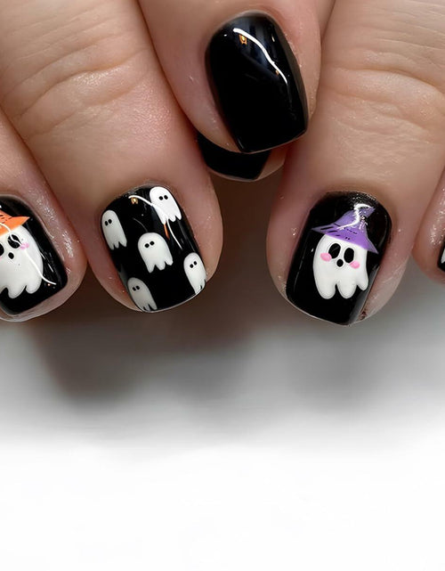 Load image into Gallery viewer, YEFIUO Halloween Press On Nails 24 Pcs Short Square Black Skull Flowers
