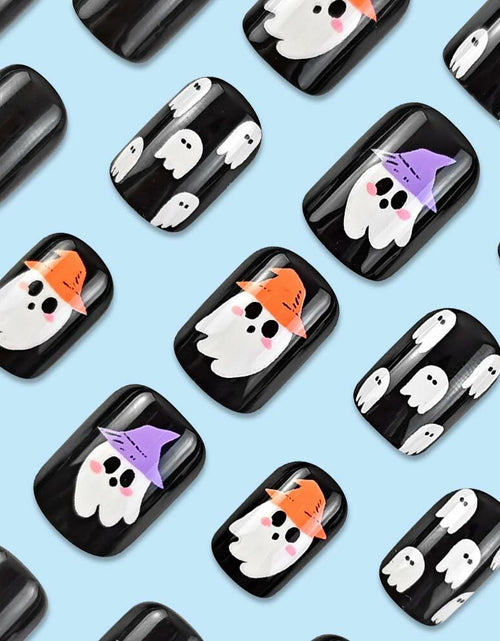 Load image into Gallery viewer, YEFIUO Halloween Press On Nails 24 Pcs Short Square Black Skull Flowers
