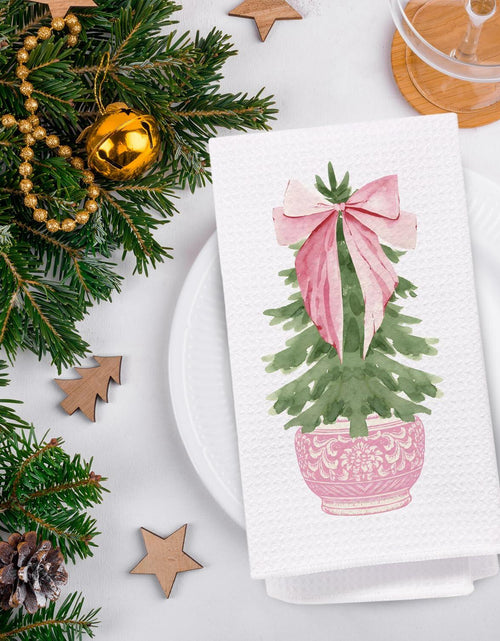 Load image into Gallery viewer, SPBL&amp;L Chinoiserie Christmas Kitchen Towels Pink Bow Tree 16x24 Set of 2
