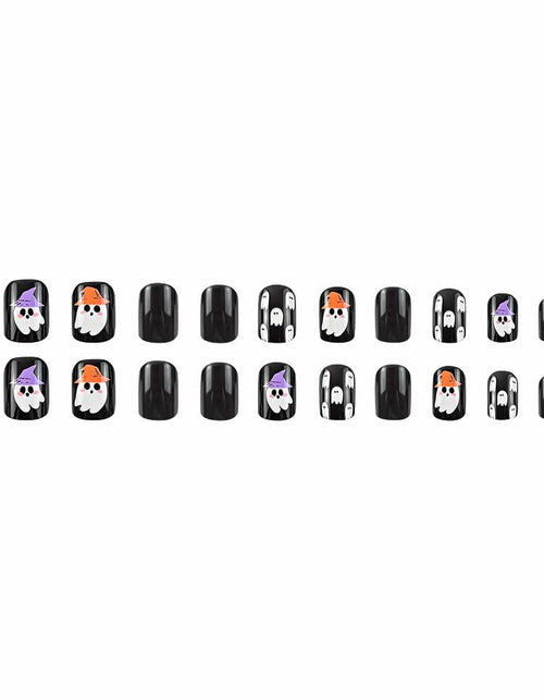 Load image into Gallery viewer, YEFIUO Halloween Press On Nails 24 Pcs Short Square Black Skull Flowers
