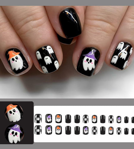 YEFIUO Halloween Press On Nails 24 Pcs Short Square Black Skull Flowers