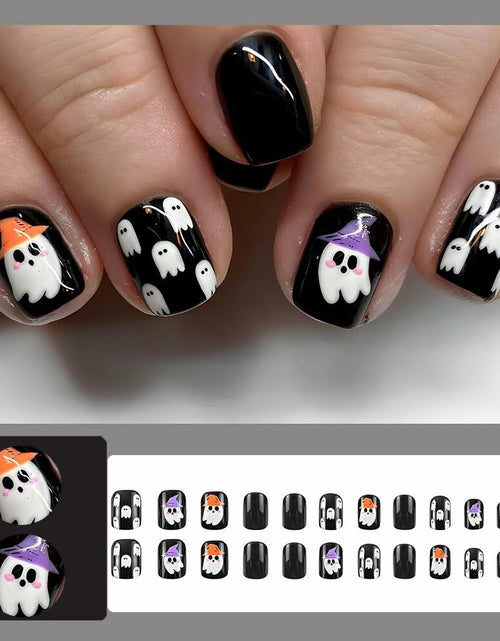 Load image into Gallery viewer, YEFIUO Halloween Press On Nails 24 Pcs Short Square Black Skull Flowers
