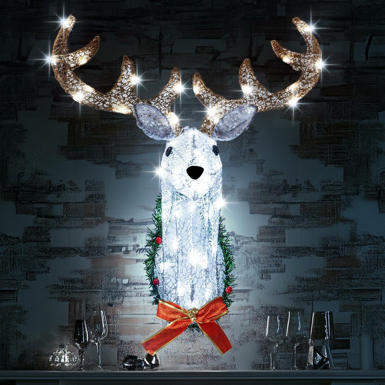Hourleey 32" Lighted Christmas Reindeer Head Wall Decor Battery Operated White