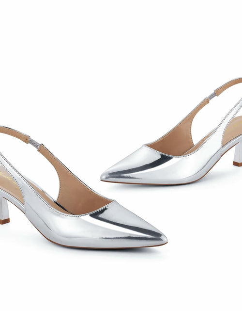 Load image into Gallery viewer, Elisabet Tang Women's Slingback Kitten Heels Silver Patent Size 7
